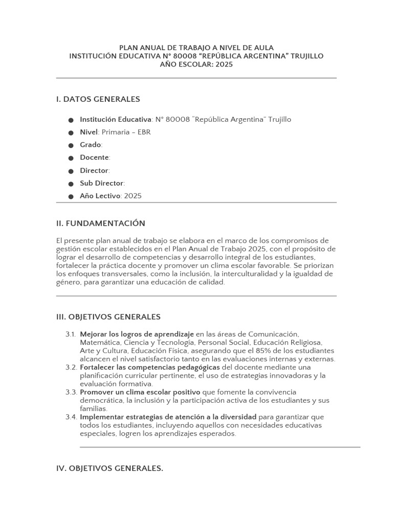 Plan Anual de Trabajo 2025 EBR Trujillo | PDF | Maestros | Salón de clases