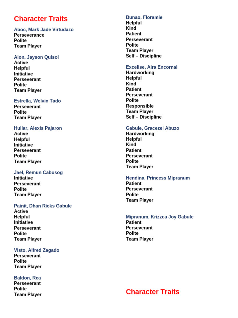 5th Grade Character Traits Worksheet | PDF