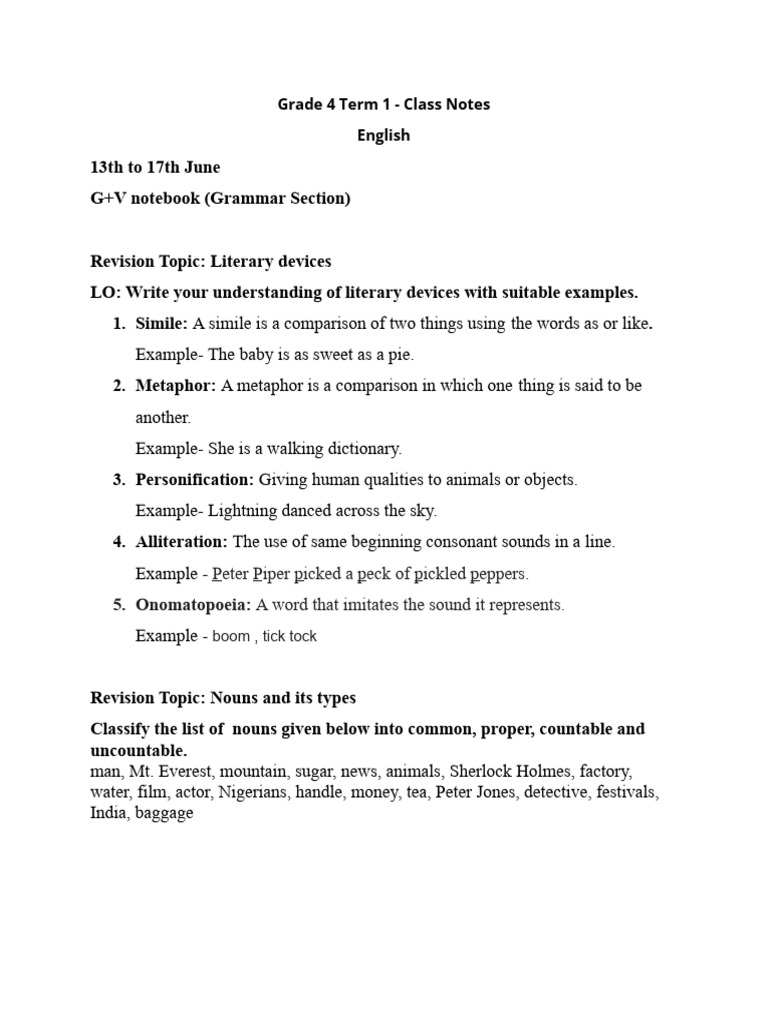 Grade 4 English Class Notes: Term 1 | PDF | Flowers | Pollination