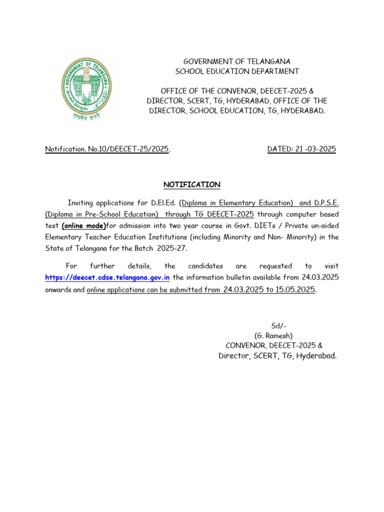 Tgdeecet TG Deecet 2025 Notification PDF