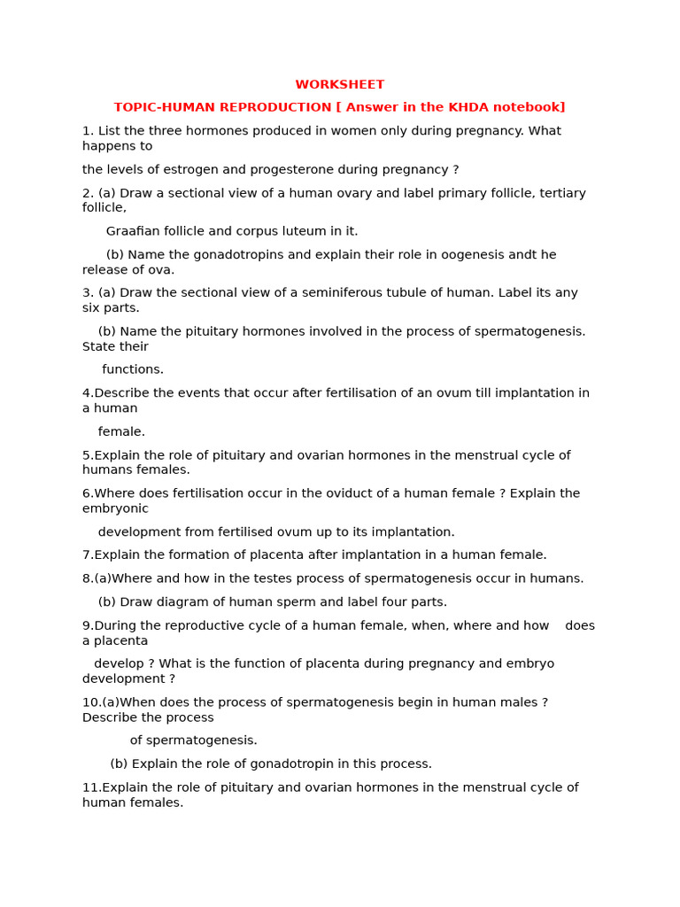 Human Reproduction Worksheet Guide | PDF | Menstrual Cycle | Ovary