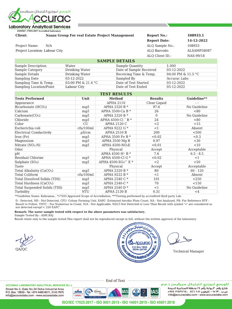 Water Test General Report - Dec-2022 | PDF | Hydrology | Chemistry