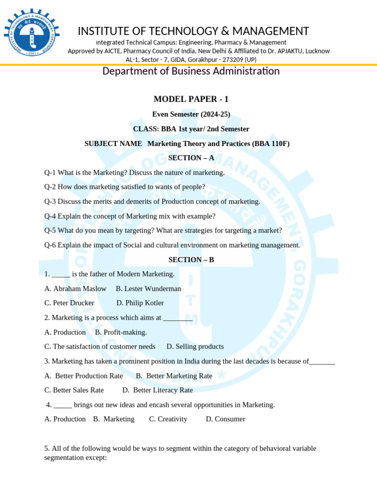Model Paper (1) ... | PDF | Marketing | Market Segmentation