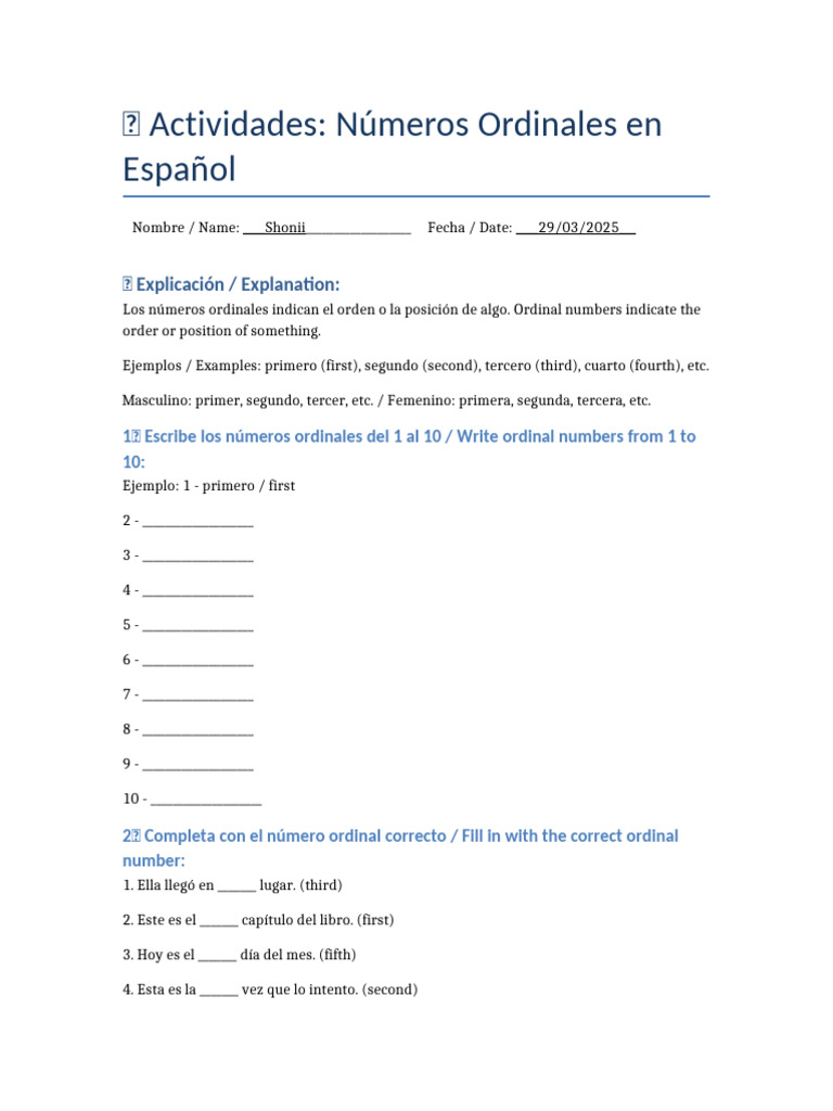 Números Ordinales en Español | PDF
