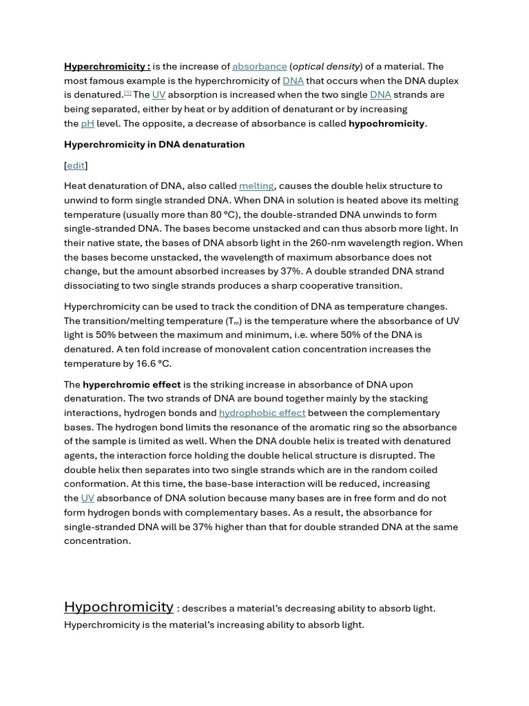Hyperchromicity and Hypochromicity in DNA | PDF | Nucleic Acid ...