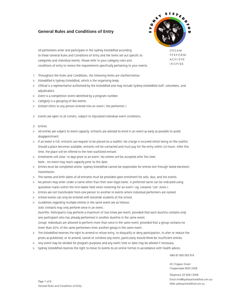 Sydney Eisteddfod Entry Rules Guide | PDF | Justice | Crime & Violence