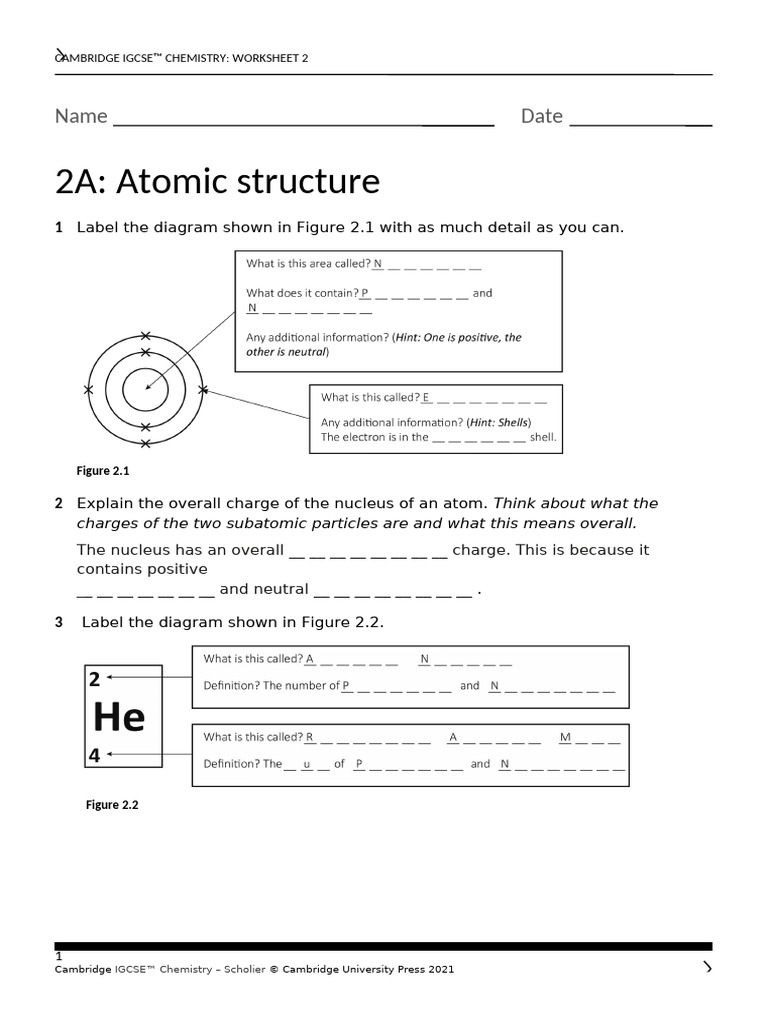IGCSE Chemistry Worksheet: Atomic Structure | PDF | Atoms | Chemical ...