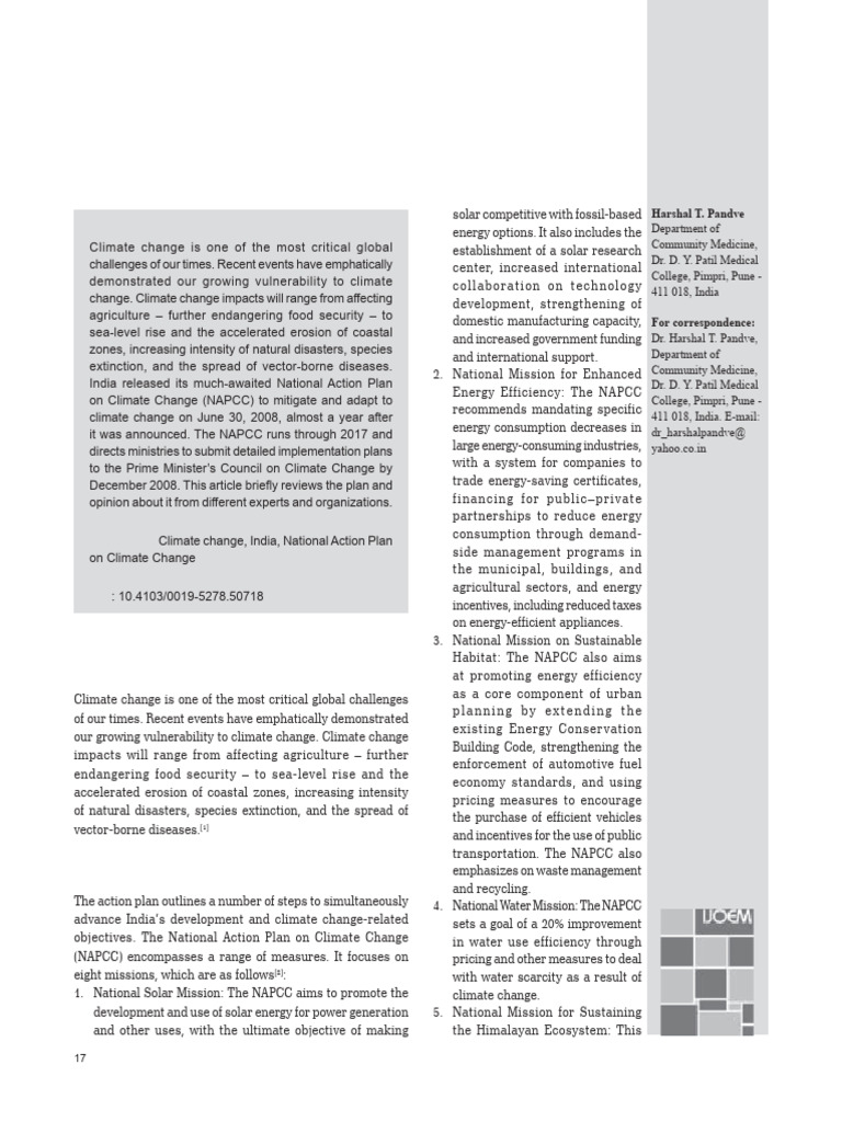 2009, Pandve, India's National Action Plan On Climate Ndia's National ...