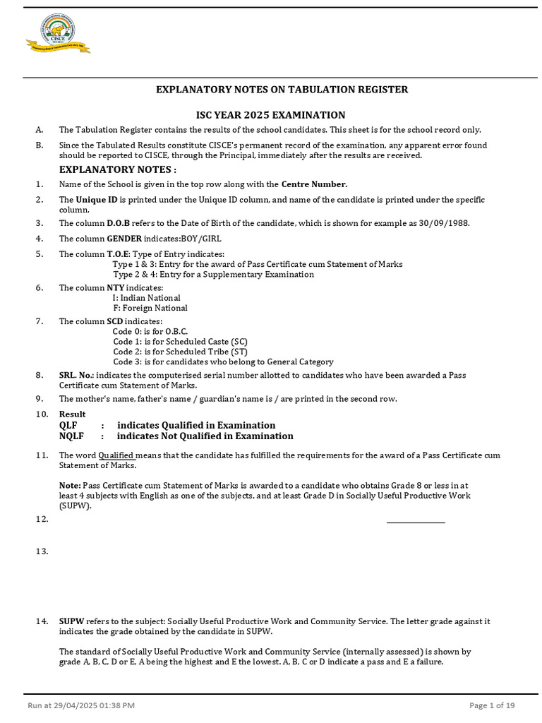 ISC 2025 Tabulation Register Overview | PDF