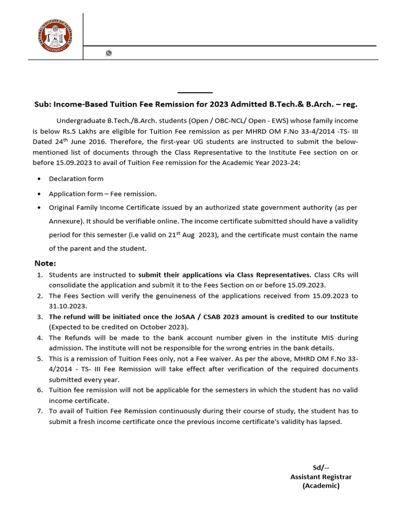 Income Based Tuition Fee Remission BTECH BARCH 2023 24-Admitted | PDF ...