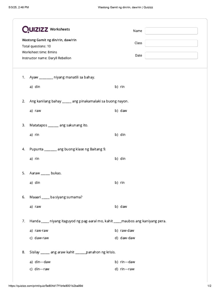 Wastong Gamit NG Din - Rin, Daw - Rin - Quizizz | PDF