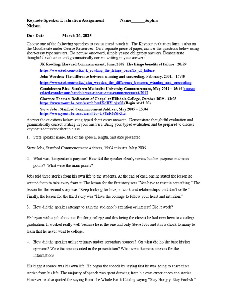 Keynote Speaker Evaluation Assignment | PDF | Human Communication ...