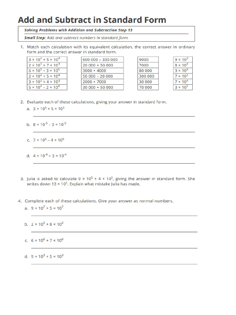 Year 8 Homework Add and subtract in standard form | PDF