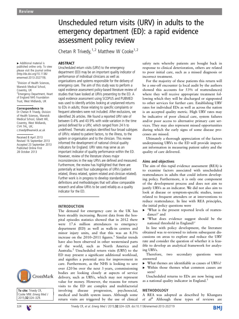 Unscheduled Return Visits (URV) in Adults To The | PDF | Systematic ...