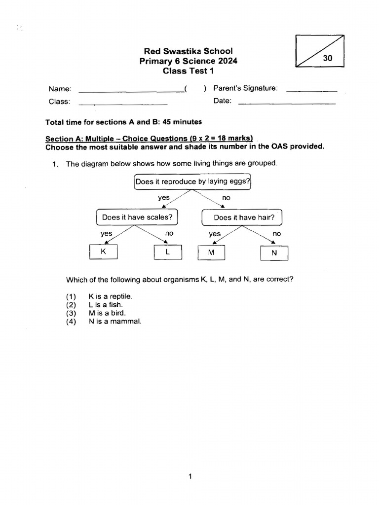 2024 P6 Science Class Test 1 Red Swastika | PDF