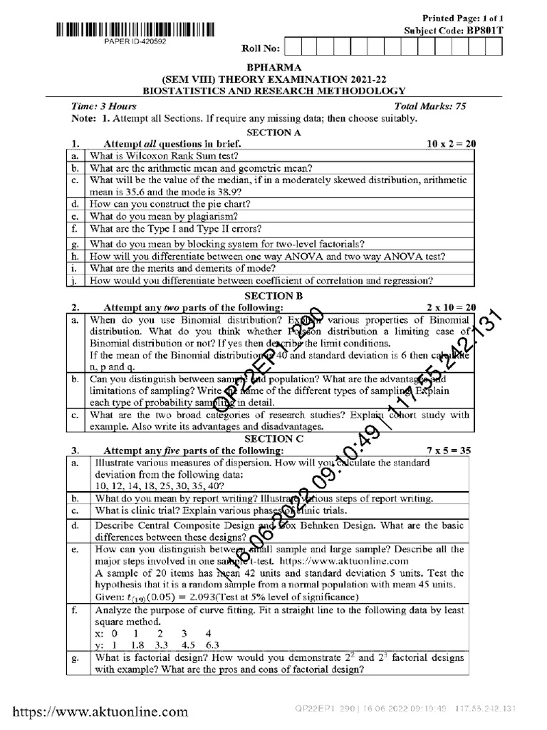 Bpharm 8 Sem Biostatistics and Research Methodology Bp801t 2022 | PDF