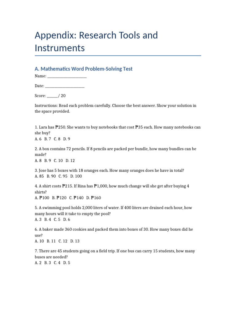 Math Word Problem-Solving Test | PDF | Learning | Cognition