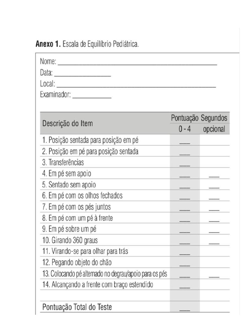 Escala de Equilíbrio Pediátrica | PDF