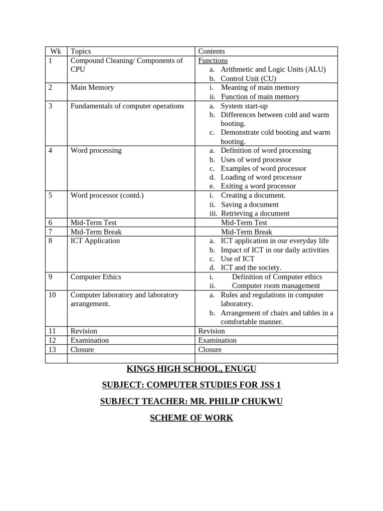 3rd Term Scheme of Work JSS 1 | PDF | Computer Data Storage | Flash Memory