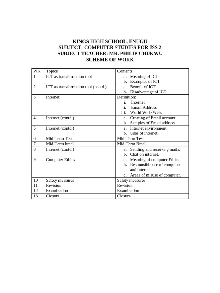 JSS2 Computer Studies 3rd Term Scheme | PDF | World Wide Web | Internet ...