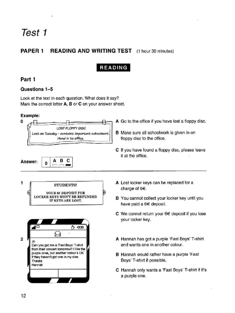 Test 1 R&W Cambridge Preliminary English Test 1 | PDF