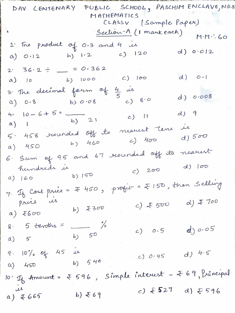 Sample Paper Class 5 Pdf