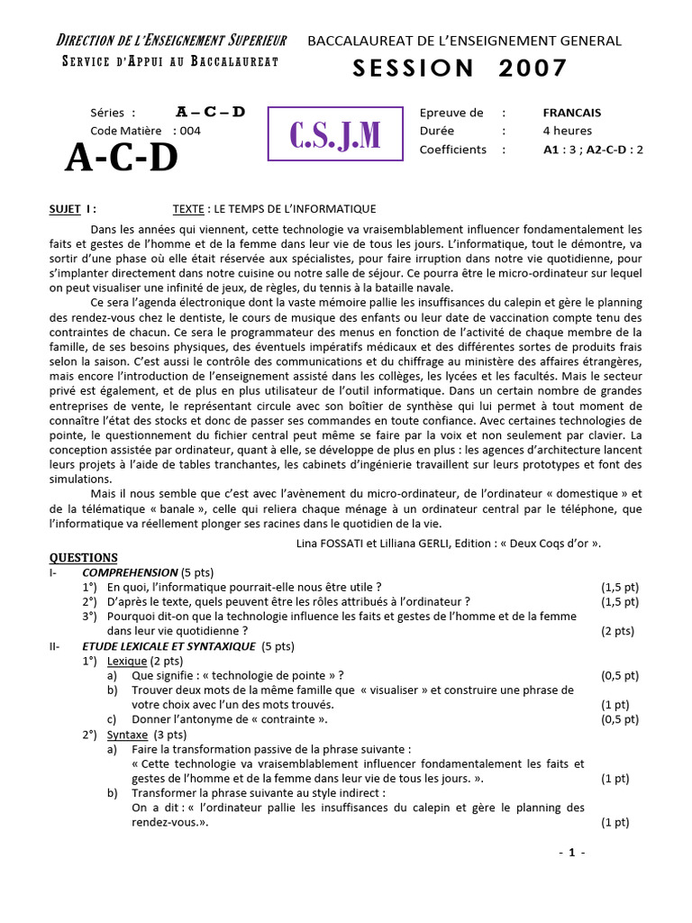 Bac Français 2007 : Sujets et Corrigés | PDF | Informatique