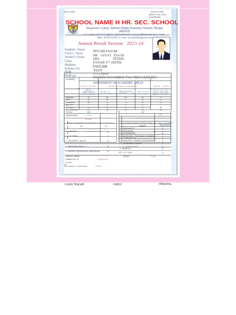 6th Grade Annual Marksheet Format | PDF