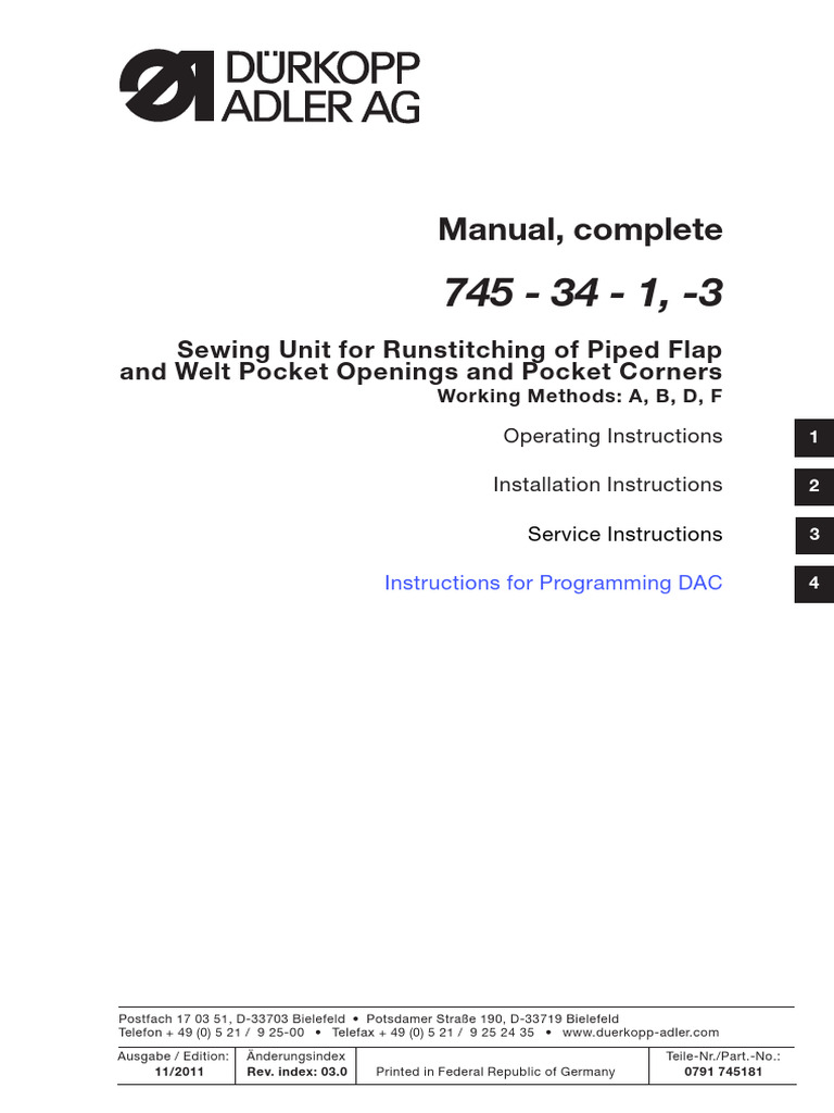 Durkopp 745-34-1 Intruction Programming DAC | PDF | Seam (Sewing ...