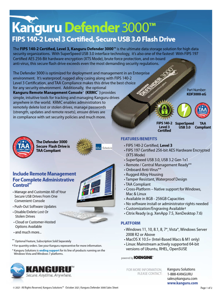 Kanguru Defender 3000 – 64 GB Flash Drive Encriptado Por Hardware