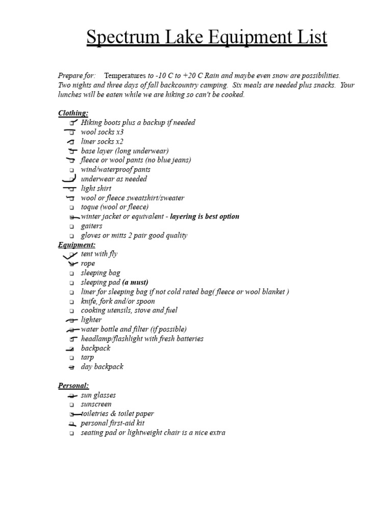 Spectrum Lake Camping Gear Checklist | PDF