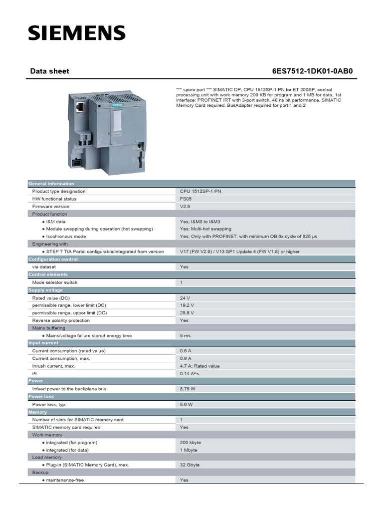 CPU 1512SP-1 PN Datasheet Overview | PDF | Computing | Computer Engineering