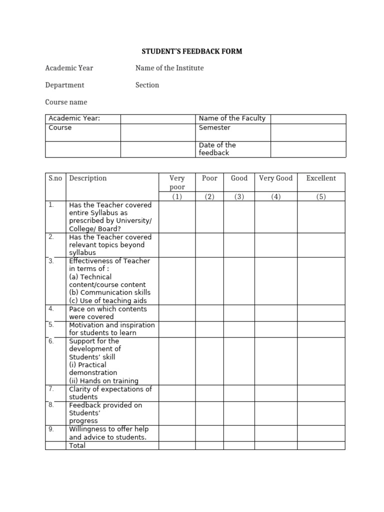 Student Feedback Form Template | PDF