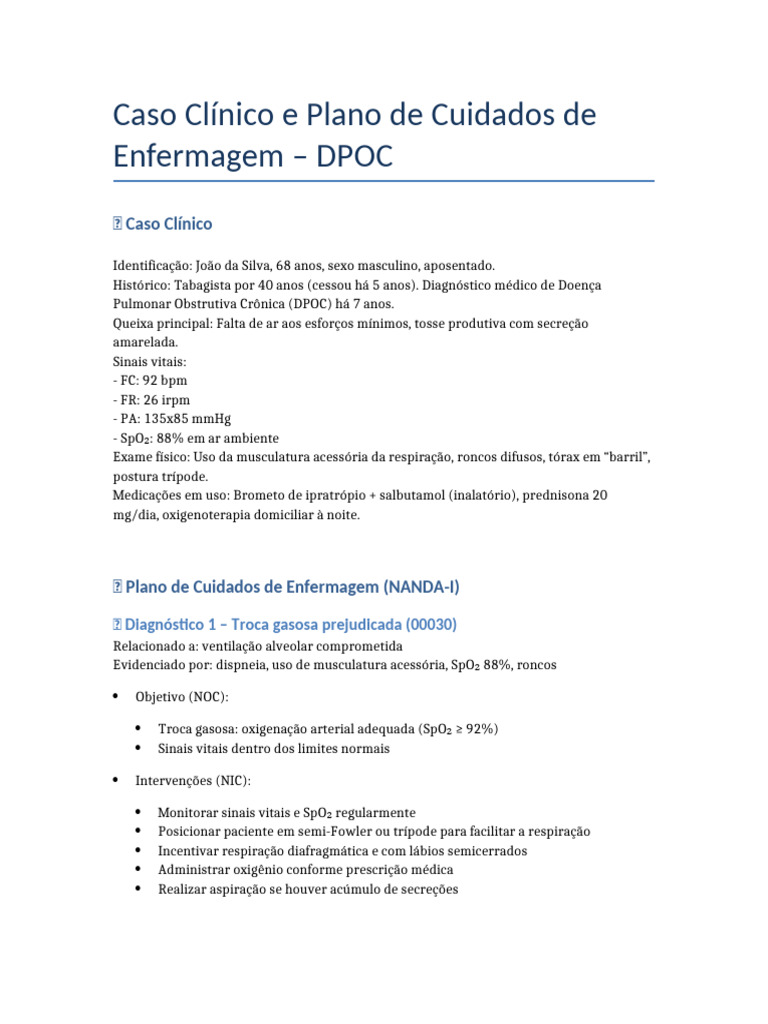 Caso Clínico de DPOC e Cuidados Enfermagem | PDF | Doença de obstrução ...