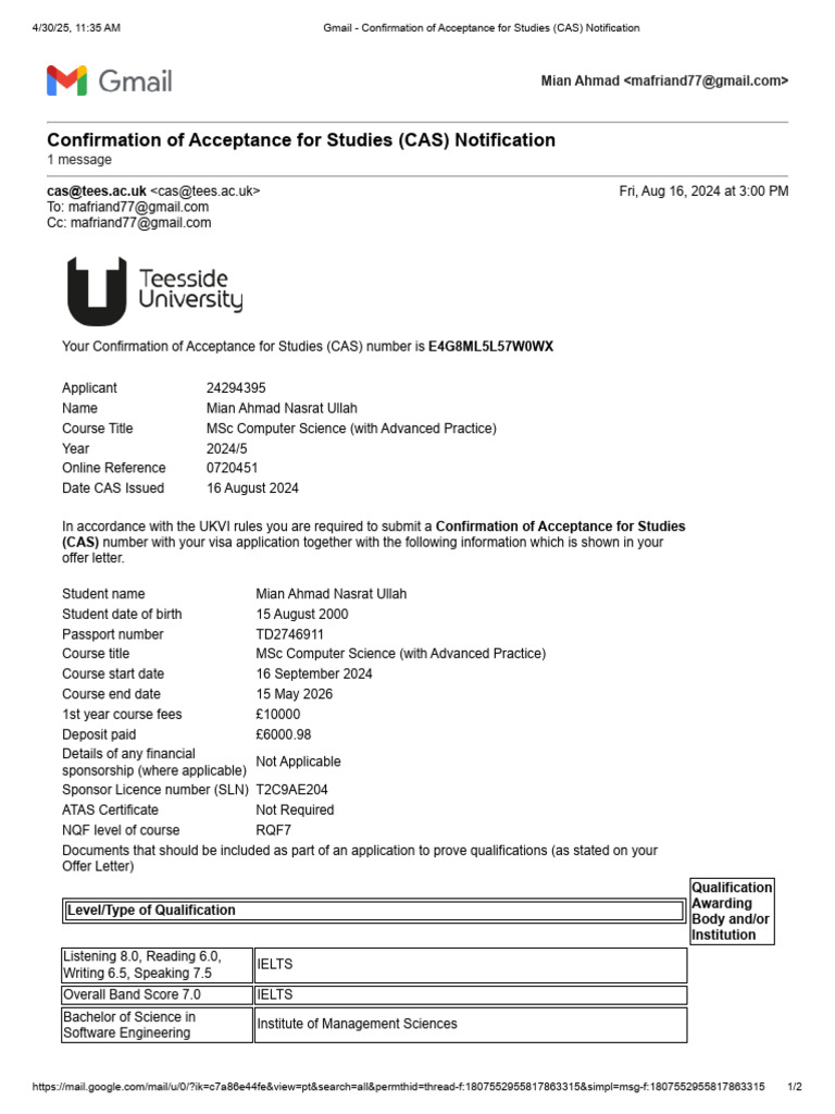 CAS Notification for MSc Computer Science | PDF | Travel Visa