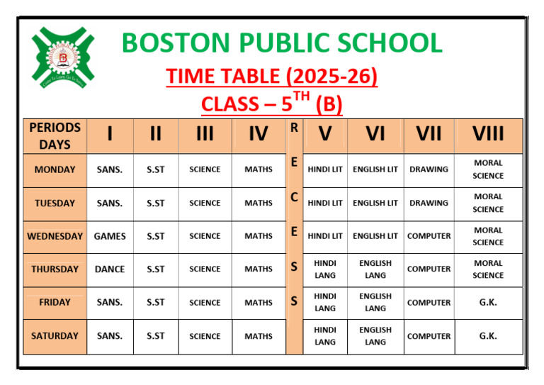 Class 5B Timetable 2025-26 | PDF