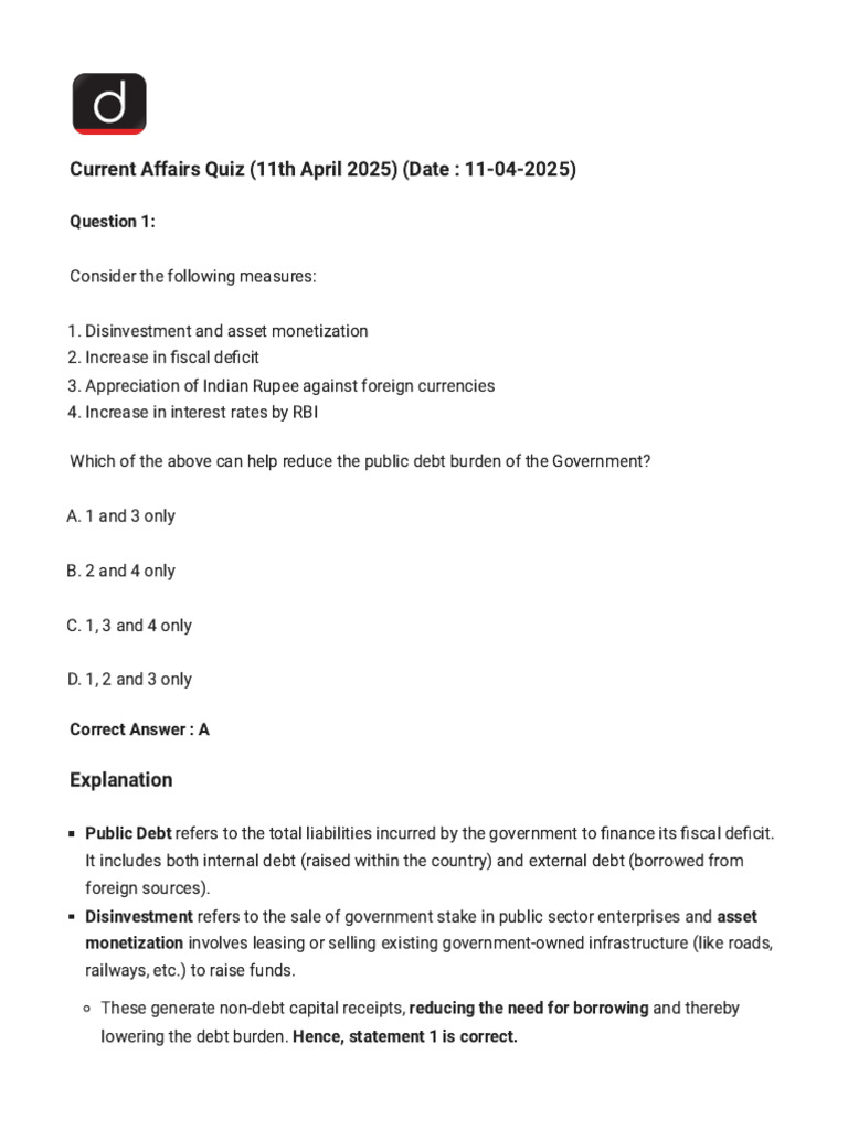 MBM Quiz: Current Affairs April 2025 | PDF | Government Debt | Debt