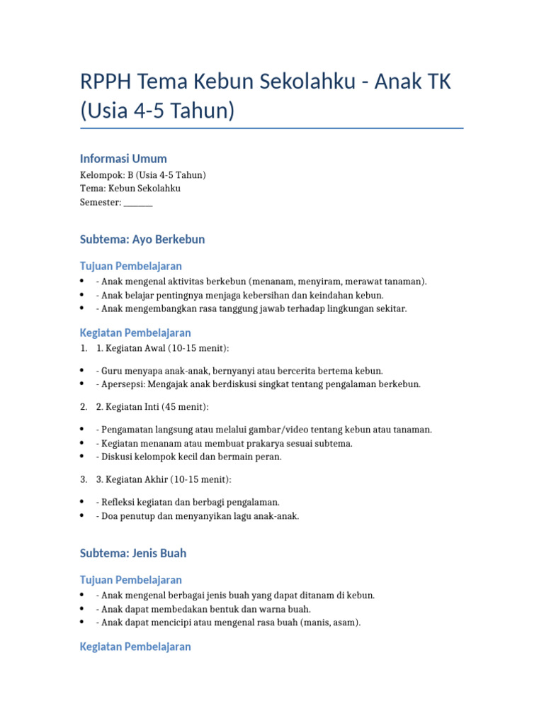 RPPH Kebun Sekolah untuk Anak TK | PDF