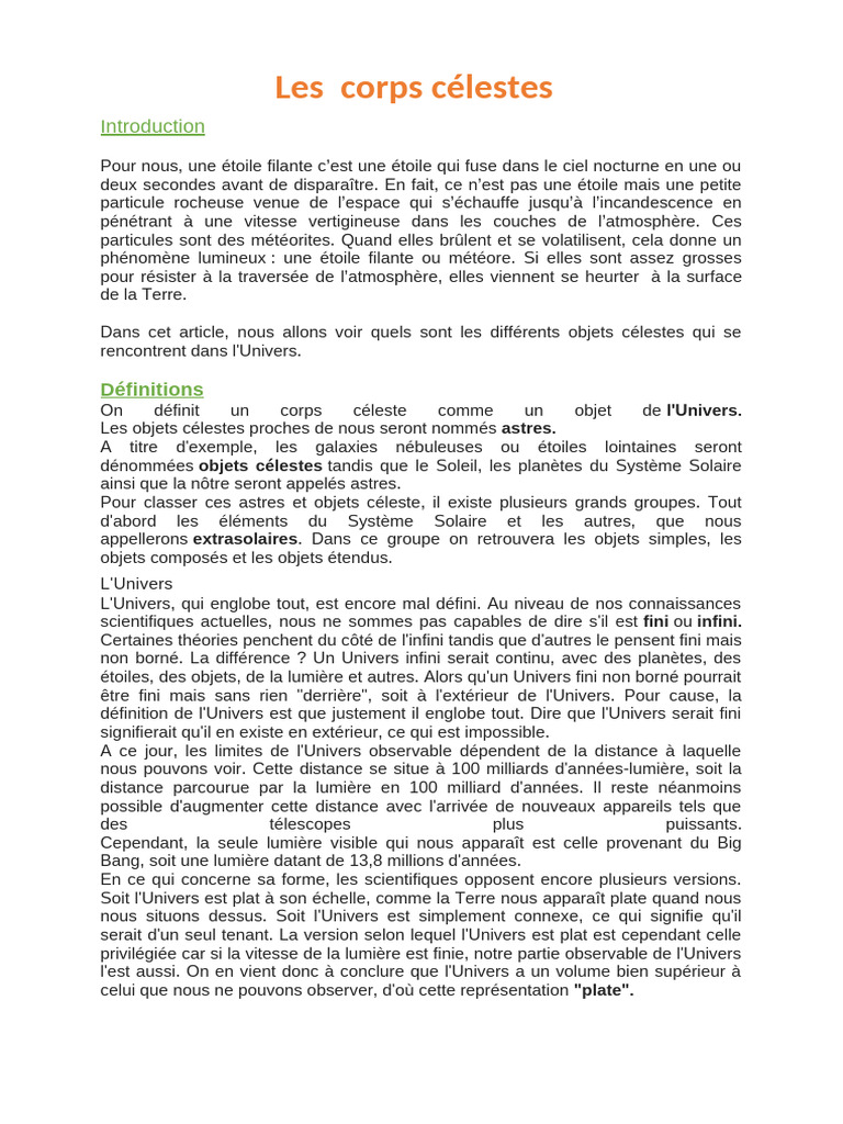 Corps célestes et leur classification PDF Planètes Étoiles — free download