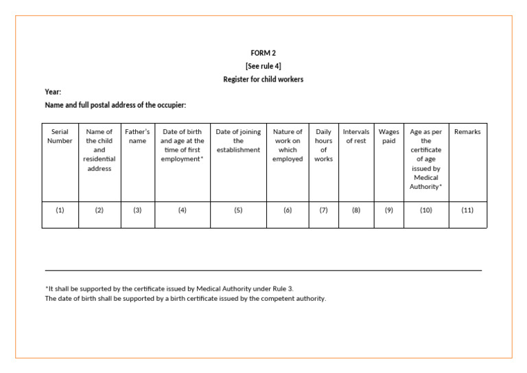 Child Worker Registration Form Template | PDF