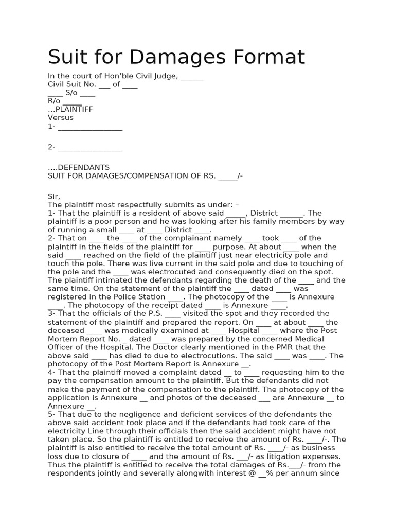 Suit for Damages and Compensation Format | PDF | Lawsuit | Damages