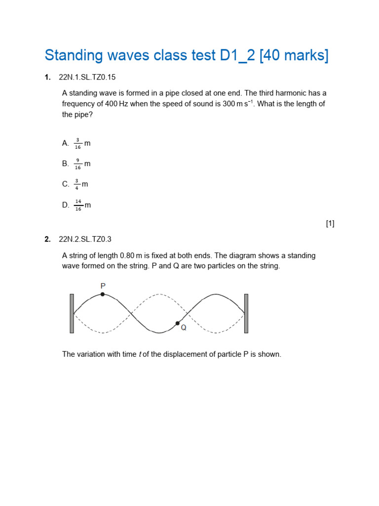 Standing Waves Class Test D1 - 2 | PDF | Waves | Sound