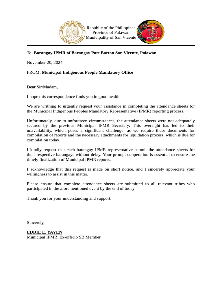 Communication Letter For Bgy Alim Ang Sto. Nino | PDF