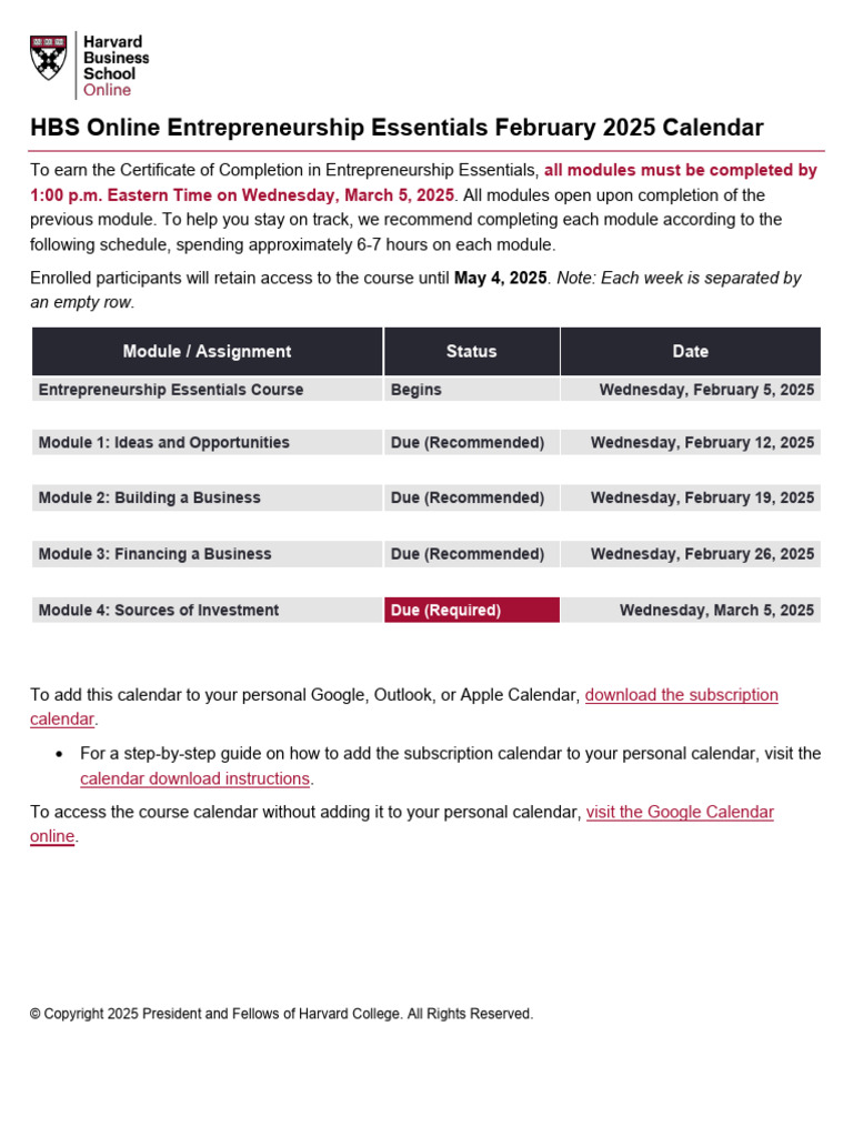 HBS Online Entrepreneurship Essentials Calendar | PDF