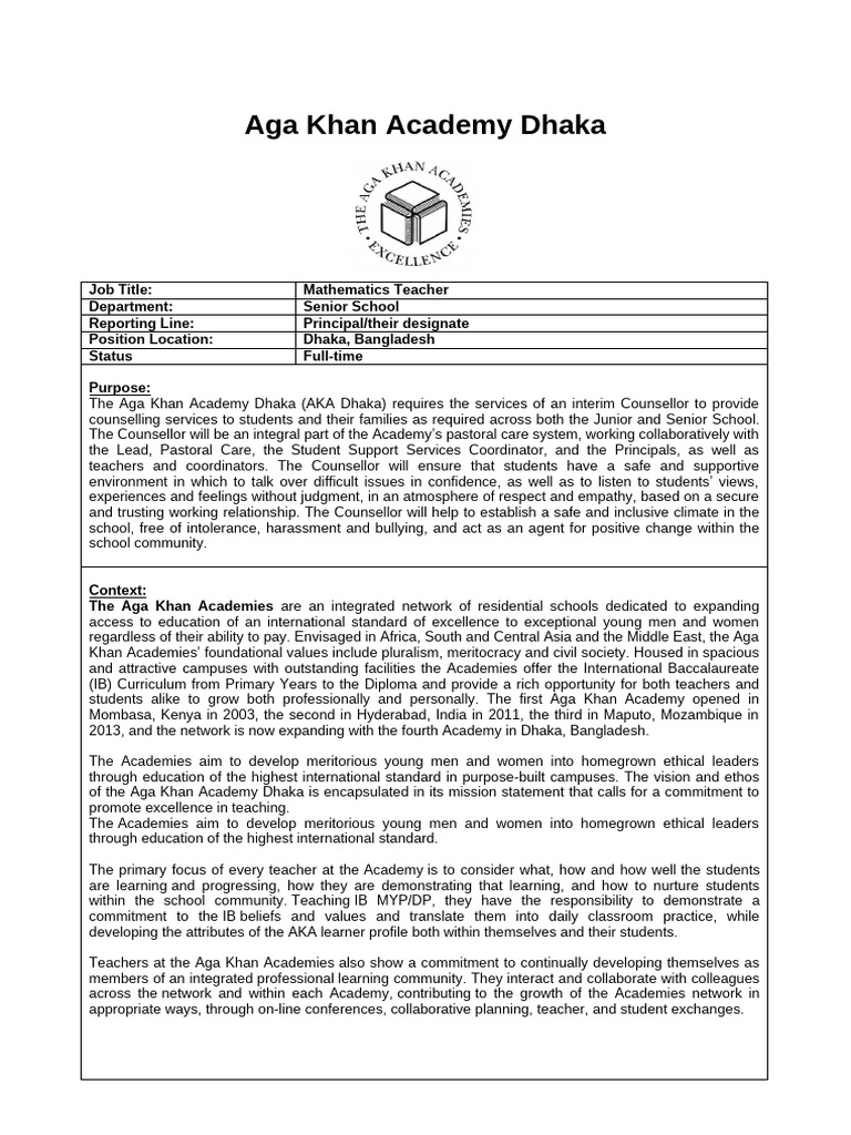 AKA ToR - Senior School Math Teacher-21 | PDF | Learning | Teachers