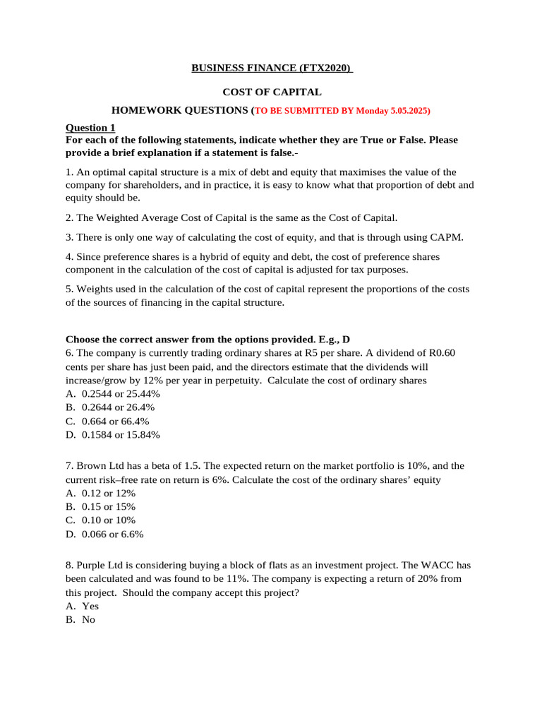 Cost of Capital Homework Questions | PDF | Cost Of Capital | Financial ...