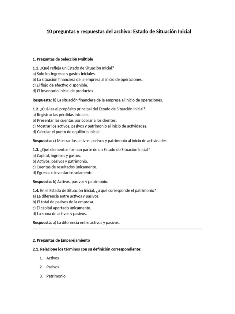 Preguntas sobre Estado de Situación Inicial | PDF | Contabilidad | Hoja ...