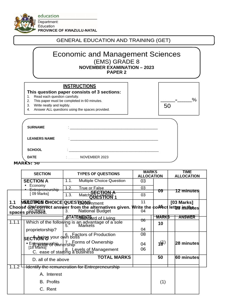 Grade 8 EMS November Exam Paper 2 | PDF | Labour Economics | Market ...
