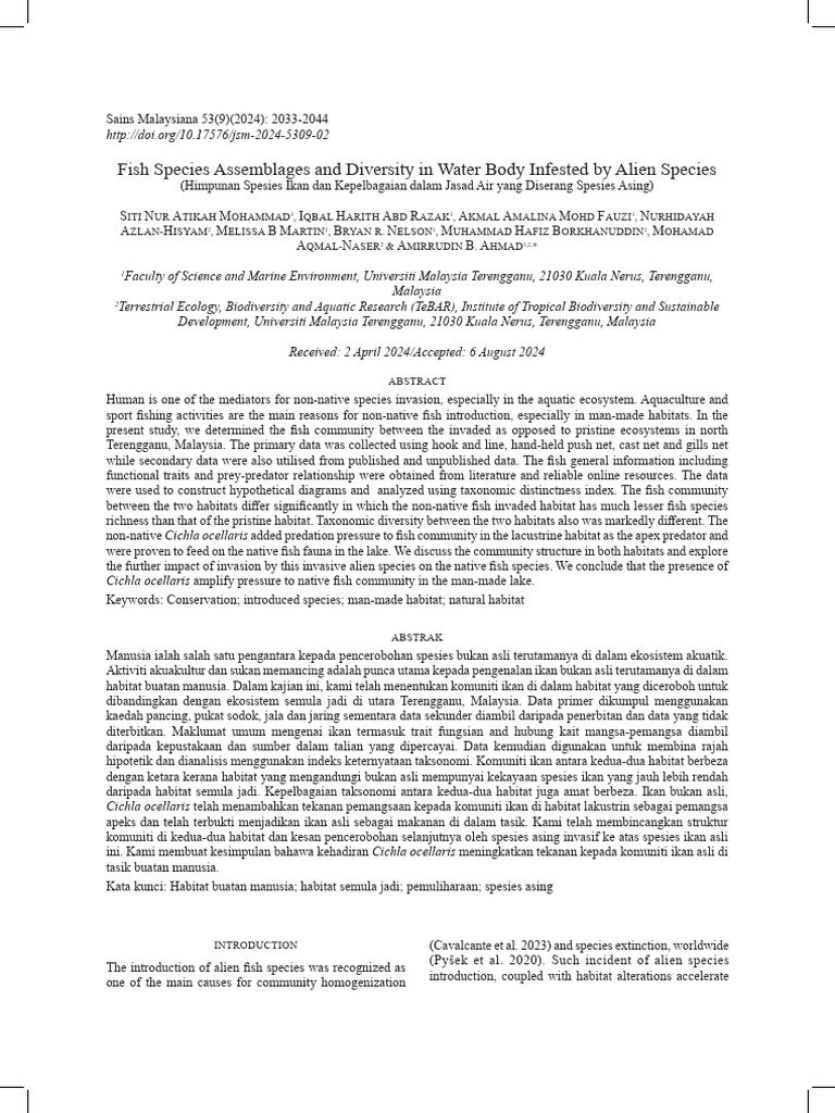 Fish Species Assemblages and Diversity in Water Body Infested by Alien ...