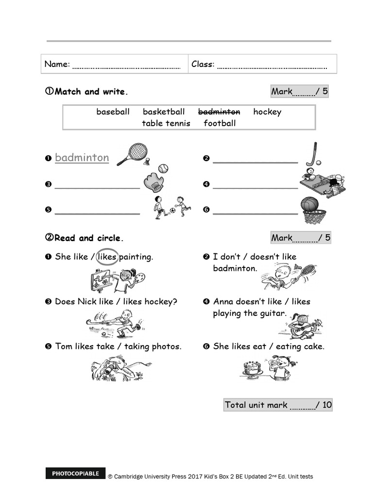 Kid's Box 2 Unit Tests for Kids | PDF